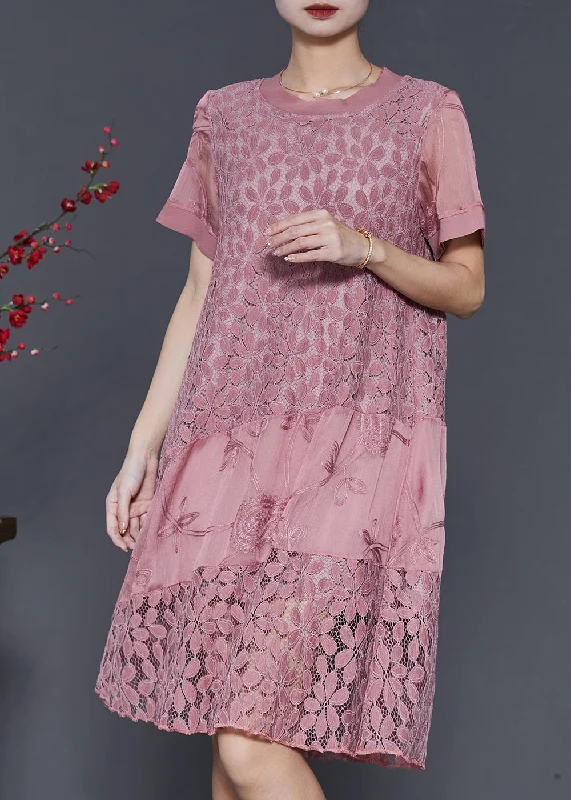 Sale Event Loose Pink Embroidered Patchwork Lace Dress Summer
