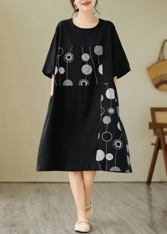 Blowout Deals Loose Black O-Neck Print Holiday Long Dress Short Sleeve