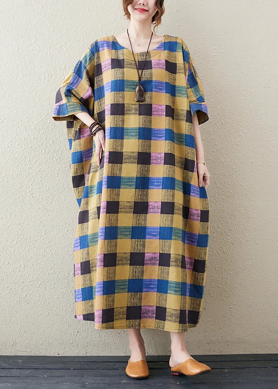 vintage dressCasual Yellow Plaid O-Neck Long Dress Summer