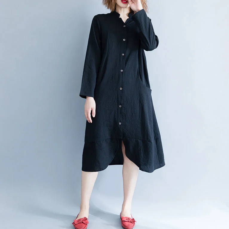 comfy maxi dressBeautiful stand collar cotton Tunics Casual Wardrobes black oversized Dress