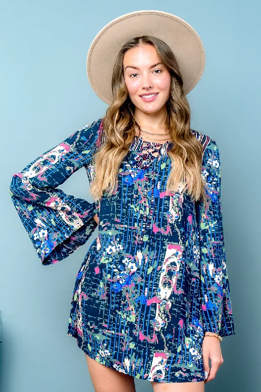 Sneak Peek Sale 'Make a Splash' Multi Color Long Bell Sleeve Mini Dress (LD40837)