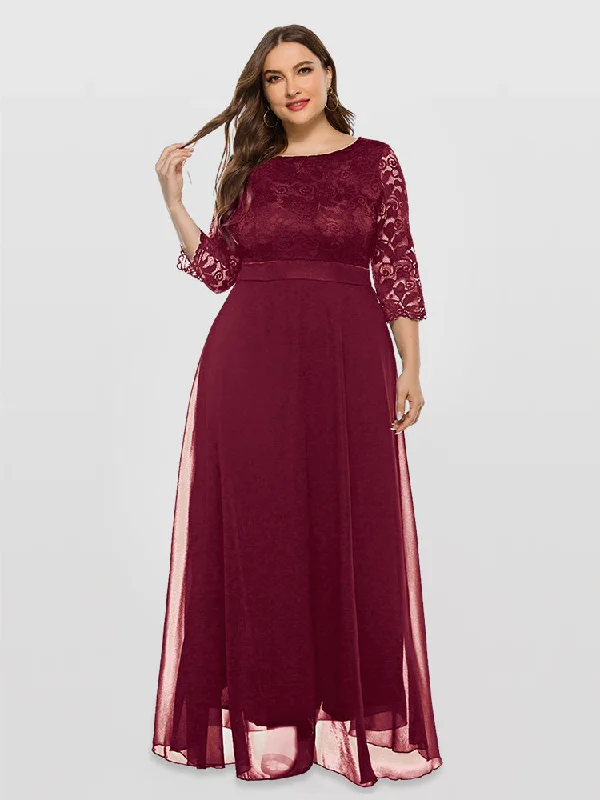 elegant evening dressSolid Lace Mesh Patchwork Round Neck Bridesmaid Dress