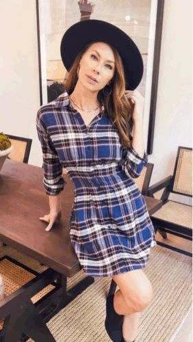 flowy evening dressPlaid Button Down Fitted Mini Shirt Dress with Spread Collar and Tabbed Long Sleeves (4726DY)