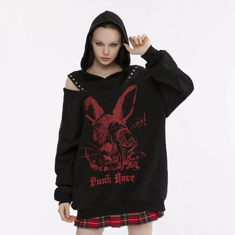 Stock Clearance Women's Punk Off Shoulder Rabbit Printed Hoodie