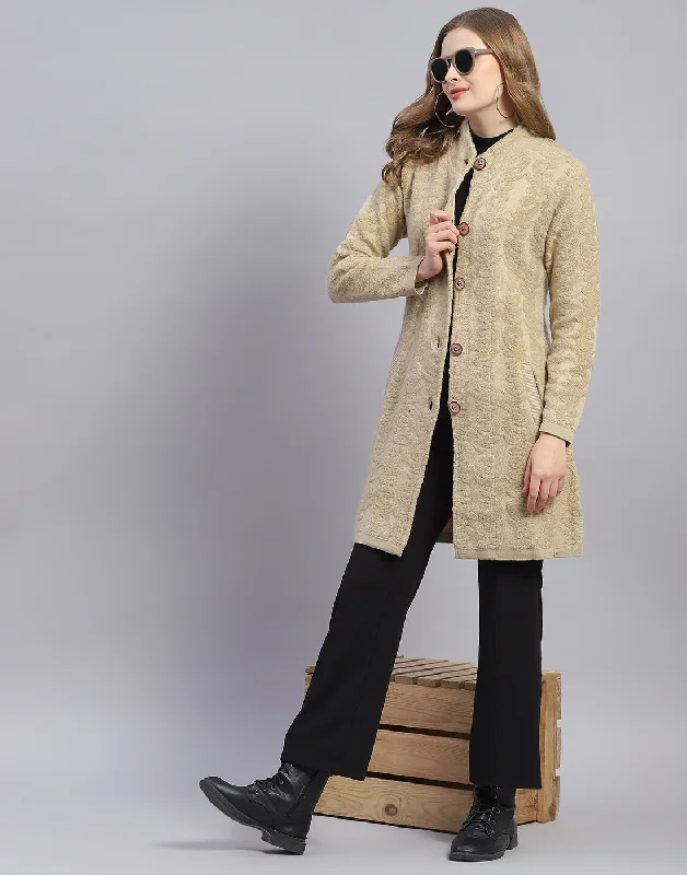 trendy jacketWomen Camel Brown Printed Round Neck Full Sleeve Coat