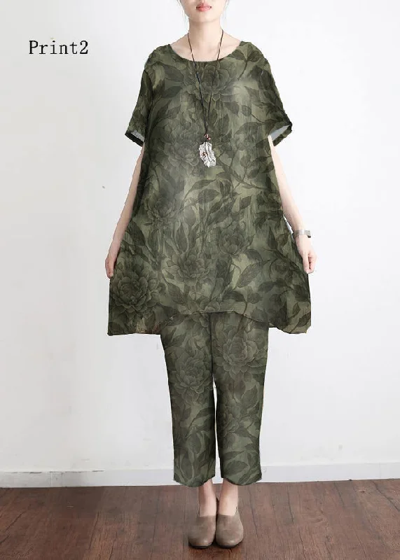 flowy evening dress2024 New Loose Green Print2 Short Sleeve Shirt Casual Pants Linen Set