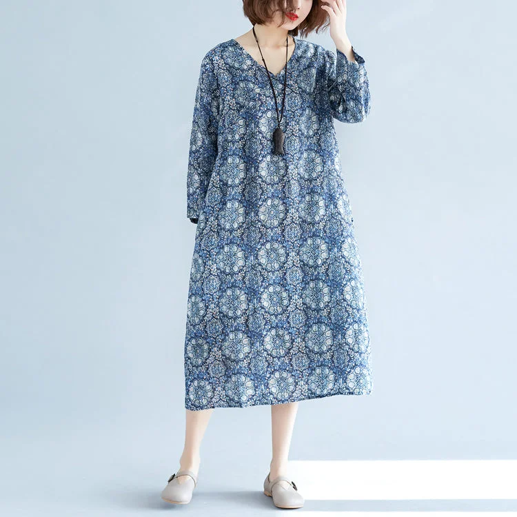 party dressNew blue print long linen dress plus size clothing v neck baggy dresses traveling clothing vintage long sleeve pockets dresses