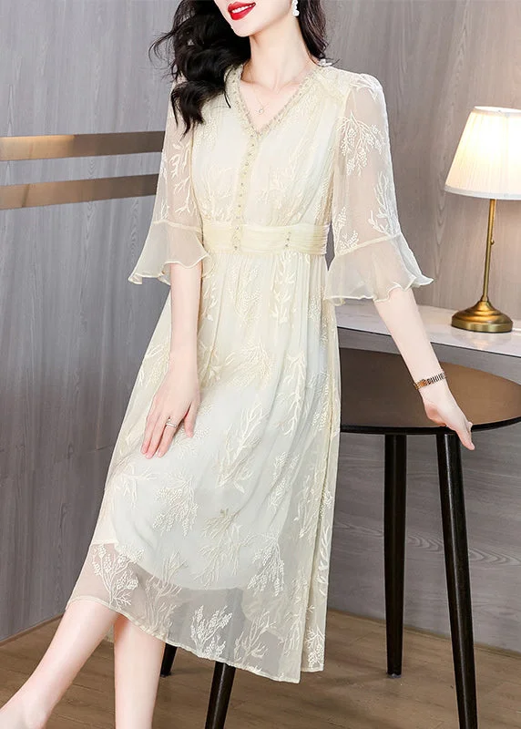 elegant shift dressOrganic Beige V Neck Embroidered Silk Long Dress Butterfly Sleeve