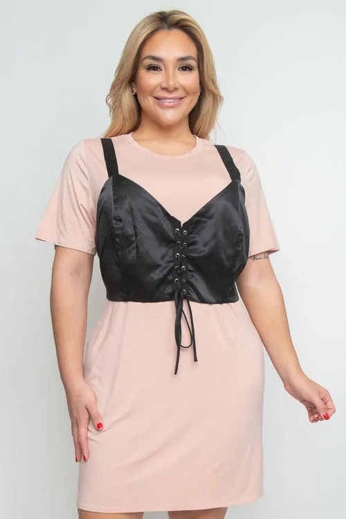 summer dressPlus Size Midi T-Shirt Dress with Faux Bustier Grommet and Lace Top (114521)