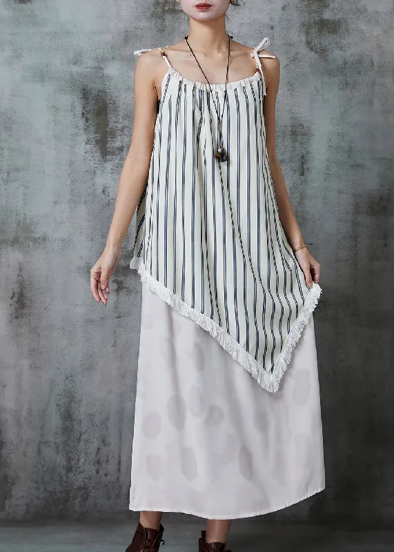 lace-up dressWomen White Asymmetrical Patchwork Striped Summer Dress