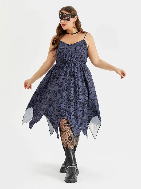 off-shoulder dressHalloween Skull Print Hanky Hem Cami Midi Dress