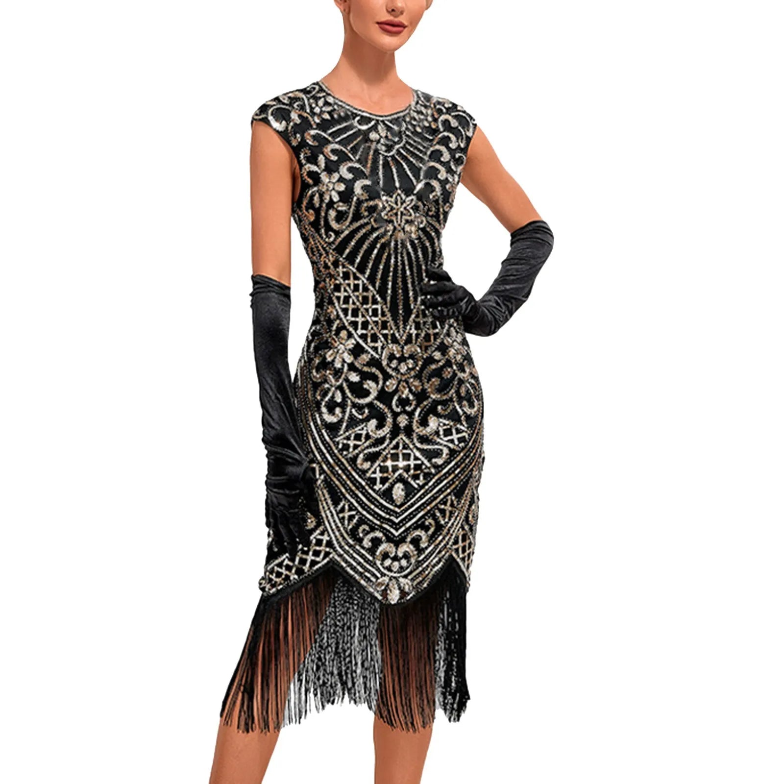 Major Savings JuliaFashion - Knee Length Flapper Tassels Hem Sequined Great Gatsby Midi Dress