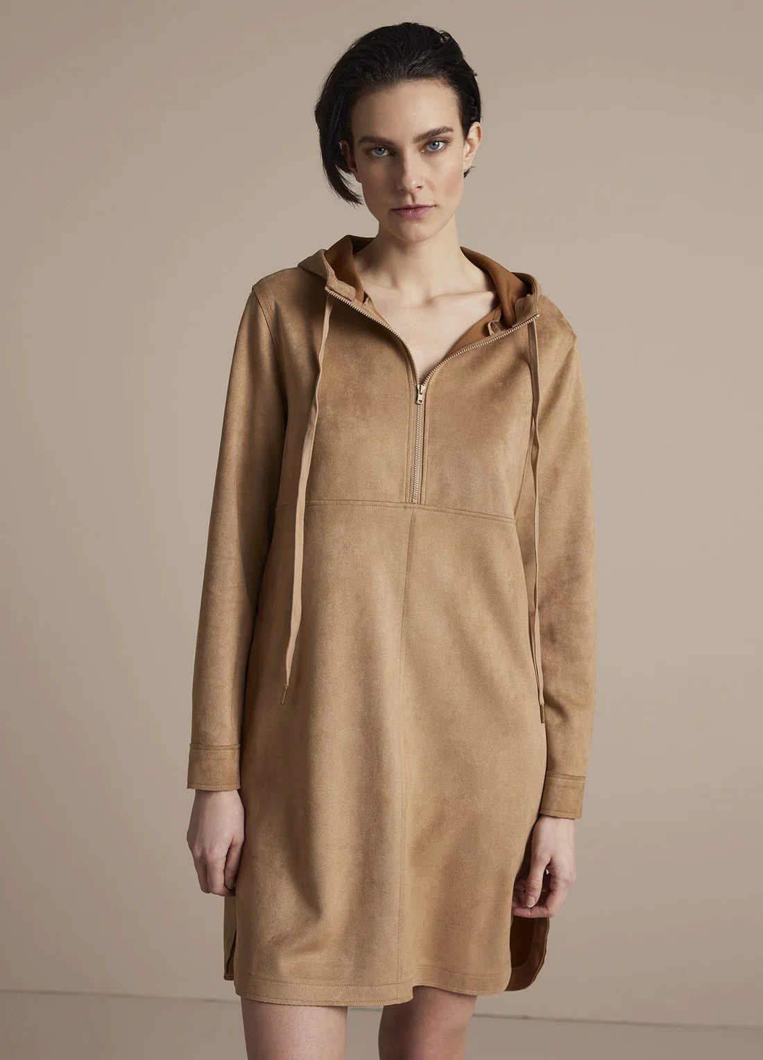 Referral Discount Summum Warm Sand Hooded Dress Suedine Bonded