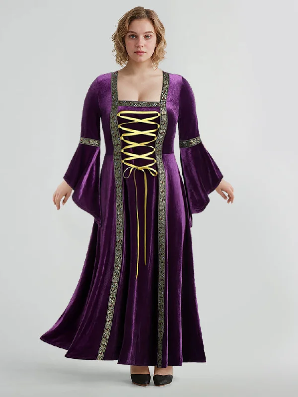 pleated dressHalloween Flare Sleeve Lace Up Velvet Dress