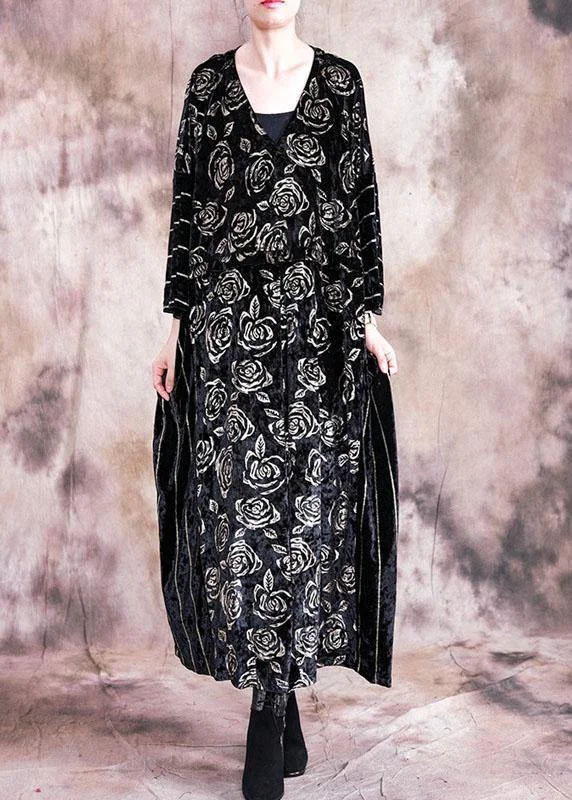 sophisticated dressSimple o neck patchwork Tunics Inspiration black Large print Maxi Dresses fall