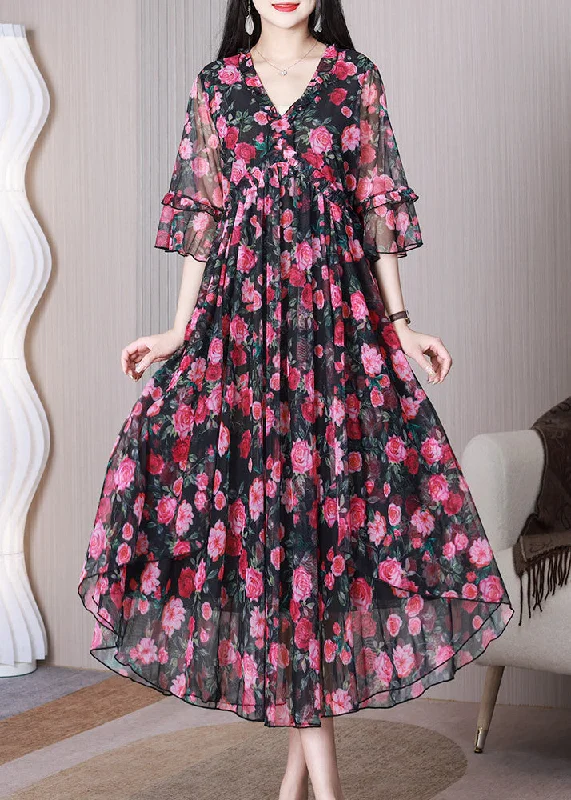 wrap-around dressElegant Red Print Ruffled Chiffon Long Dress Half Sleeve