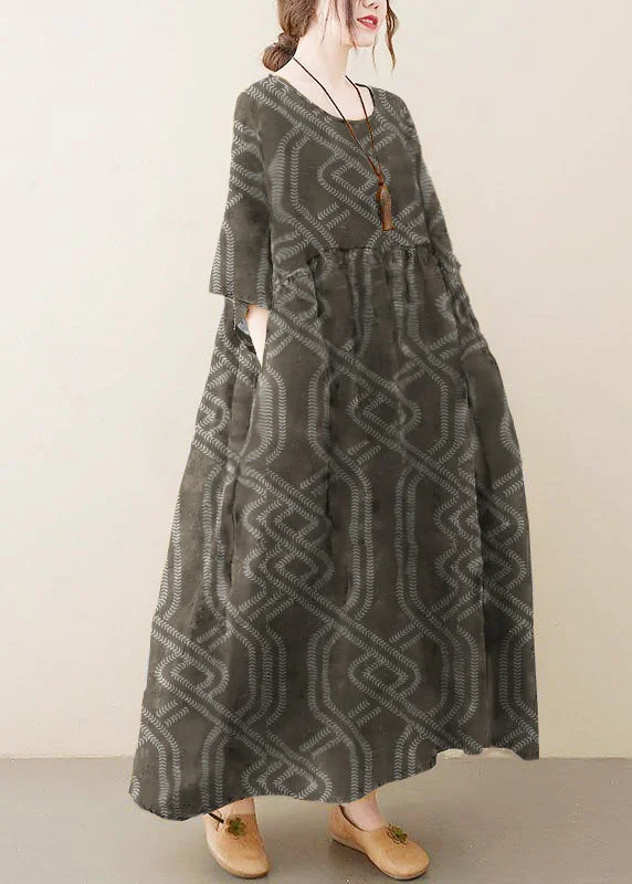 sleek midi dressNatural  grey O-Neck Pockets Print Summer Sundress