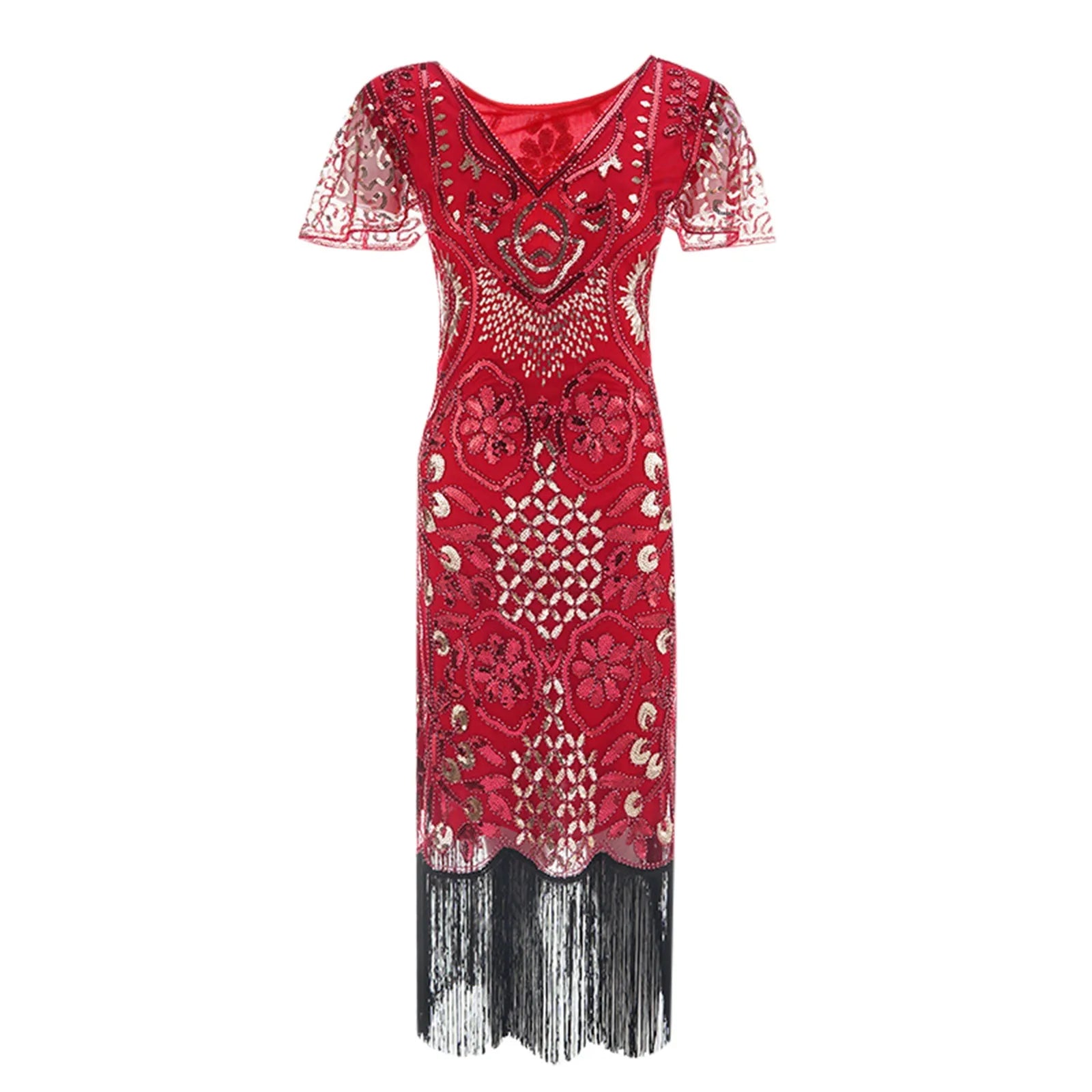 trendy mini dressJuliaFashion - Women's Sequin Beaded Flapper 20s Great Gatsby Fringed Sequin Lady V-Neck Petal Sleeve Embroidery Midi Dress