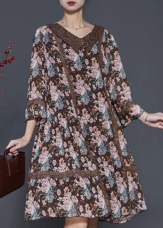 ruffle dressFine Brown Print Patchwork Lace Cotton Vacation Dresses Spring