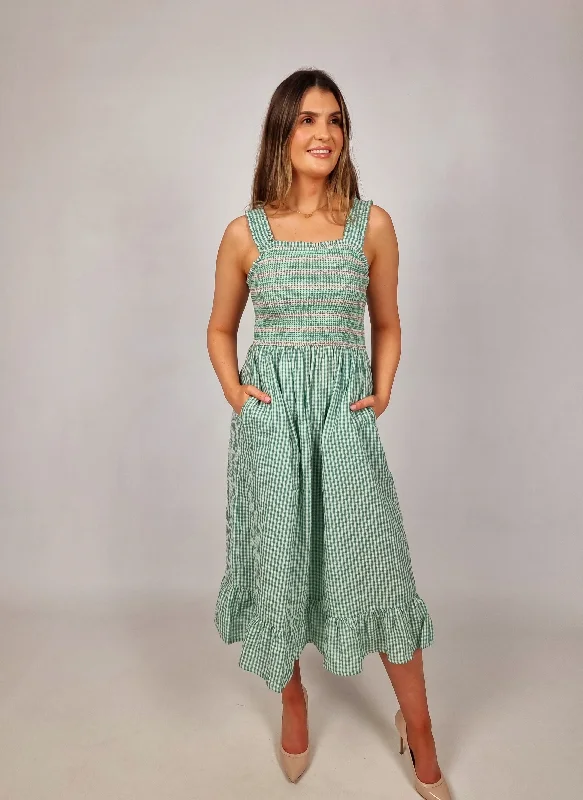 Markdown Madness Sugarhill Rainbow Pale Green Checkered Shirred Dress