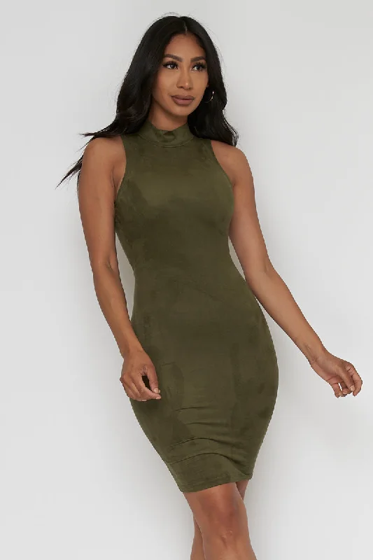 Discount Deals Sleeveless Twisted  Back Suede Mock Neck Mini Dress* (D2237)