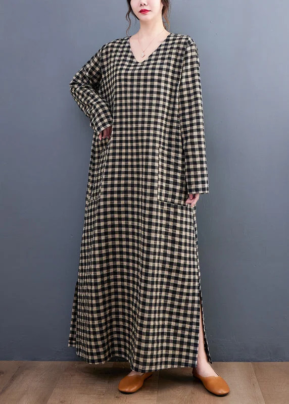 structured dressPlus Size V Neck Plaid Pockets Cotton Long Dress Summer