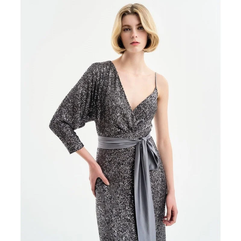 Steals and Deals Access Fashion Silver/Grey Sequin With Single Long Sleeve