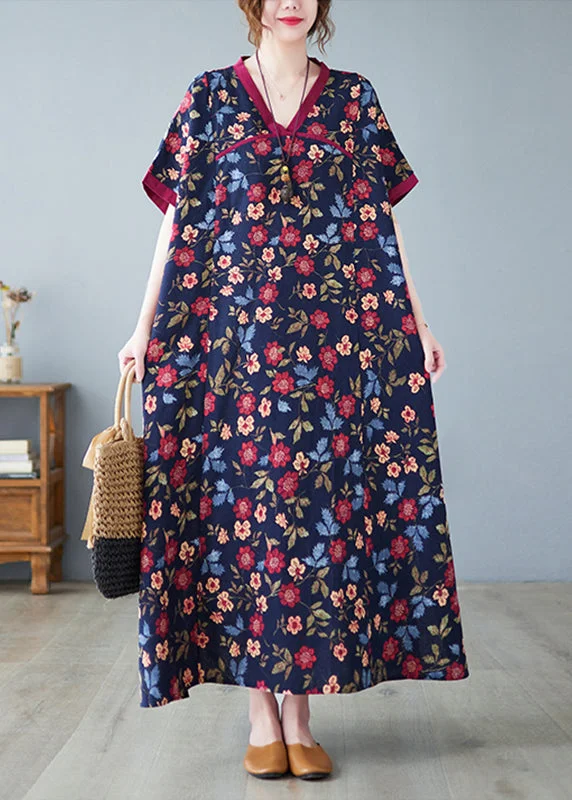 trendy bodycon dressChinese Style Dark Blue V Neck Print Patchwork Long Dresses Short Sleeve