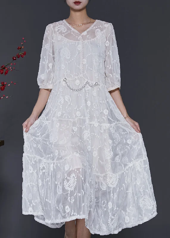 Price Drop White Silk Maxi Dress V Neck Embroidered Half Sleeve