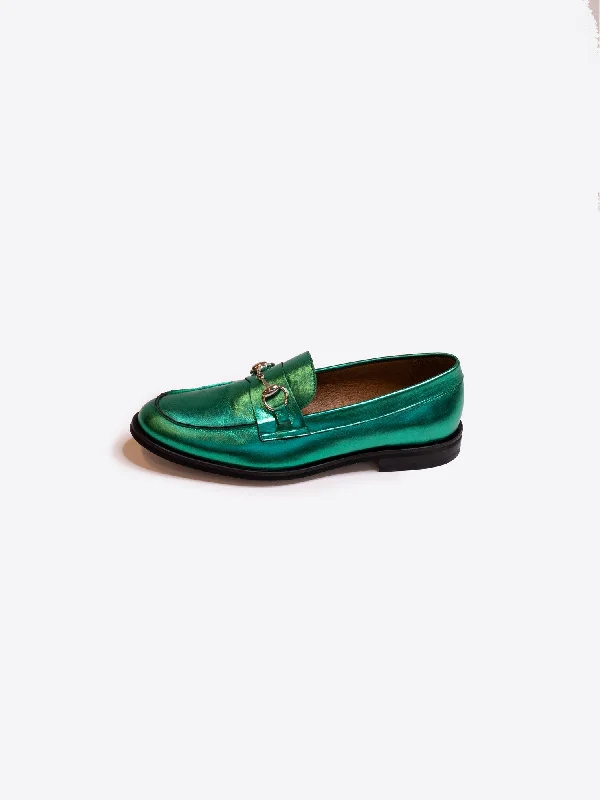 stylish party dressVilagallo Green Metallic Leather Buckle Loafer