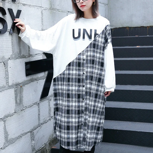 lace-up dressstylish white Plaid patchwork cotton blended caftans oversize O neck traveling dress fine side open baggy gown