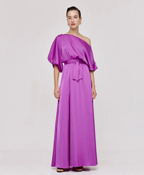 casual evening dressAccess Fashion Violet Satin Dress With Asymmetric Sleeves