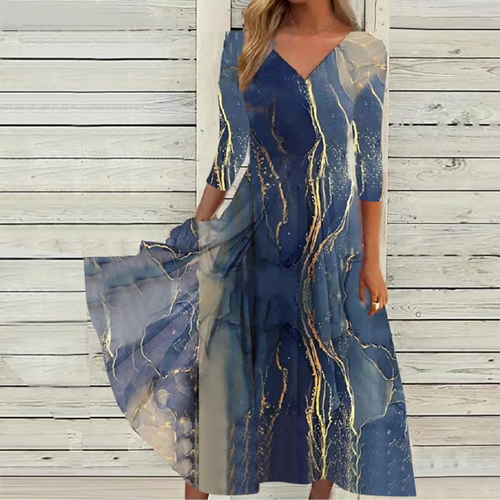 casual knit dressCasual Fashion Chiffon V Neck Long Sleeved With Large Hem Spring Vintage Printed Long Maxi Vestidos Mujer Dress