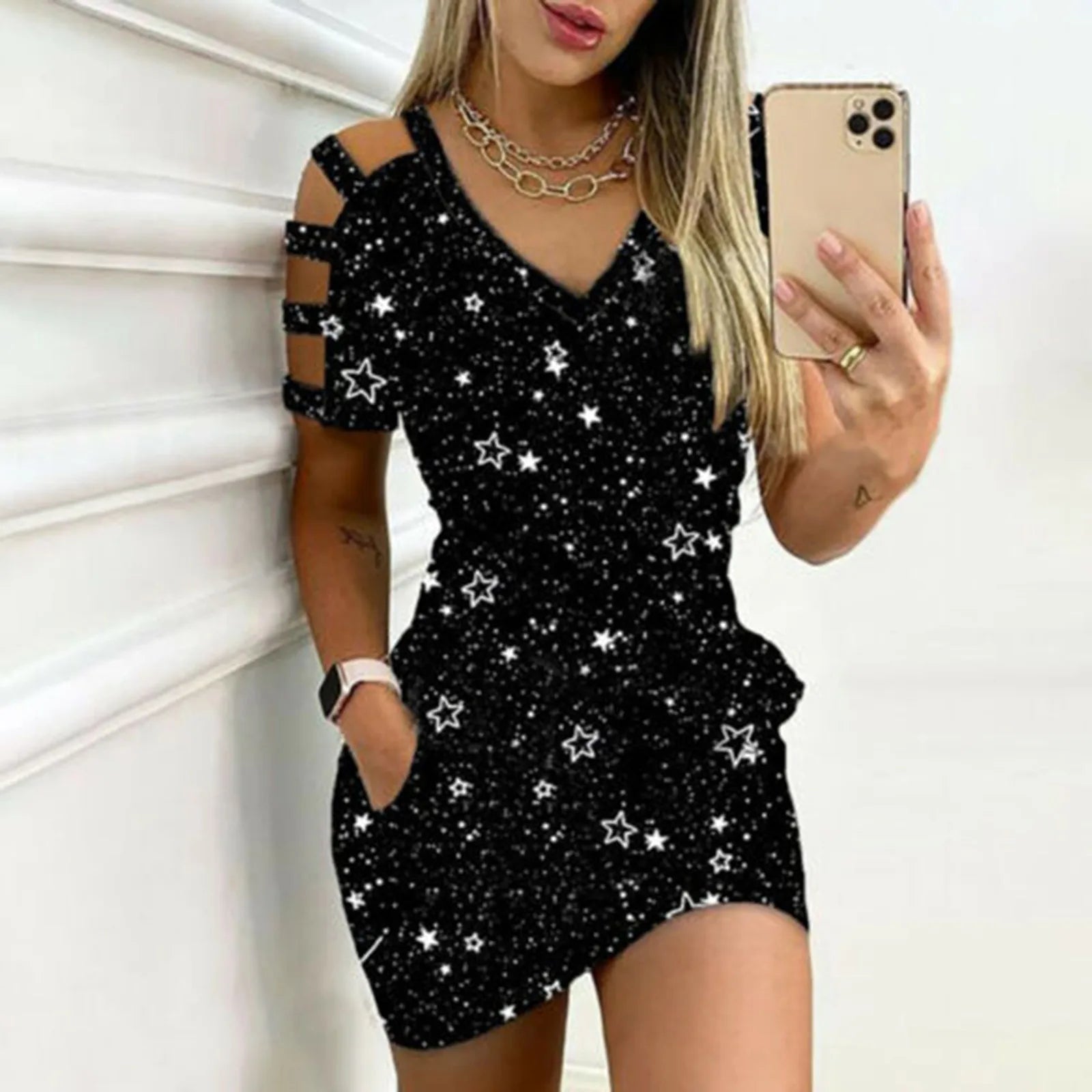 trendy mini dressJuliaFashion - Women Hollow Cold Shoulder Slim Mini Stars Printed V-Neck Short Sleeve Casual Pockets Party Female Tight Vestidos Dress