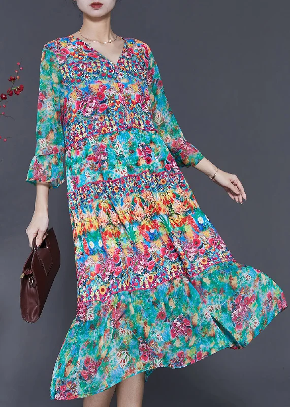 Lowest Price Fashion Green V Neck Print Silk Holiday Dress Summer