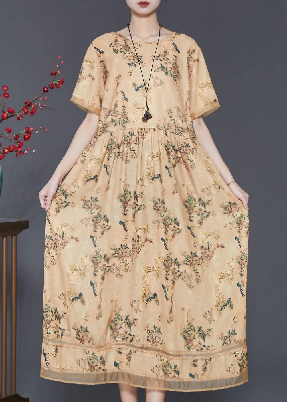 The Best Prices Vintage Yellow Print Exra Large Hem Silk Dresses Summer