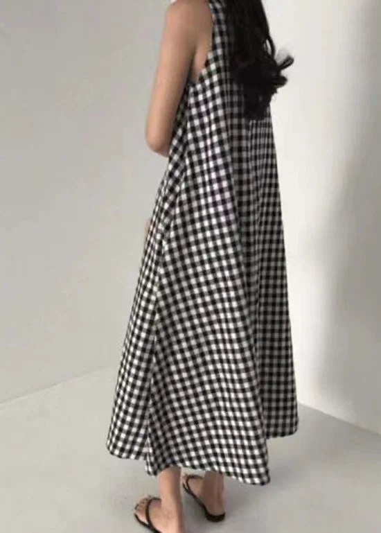 lace-up dressOriginal Design Black O Neck Plaid Cotton Long Dress Sleeveless