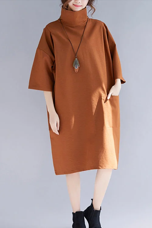 romantic dressDIY high neck Half sleeve Knit tunic top Mom Wardrobes brown tunic Dresses spring