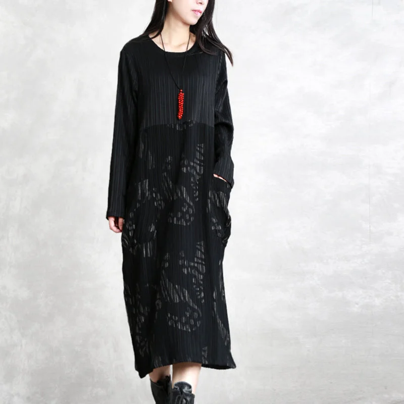 printed dressfine black striped autumn cotton blended dress plus size clothing O neck patchwork cotton blended gown casual long sleeve pockets maxi dresses