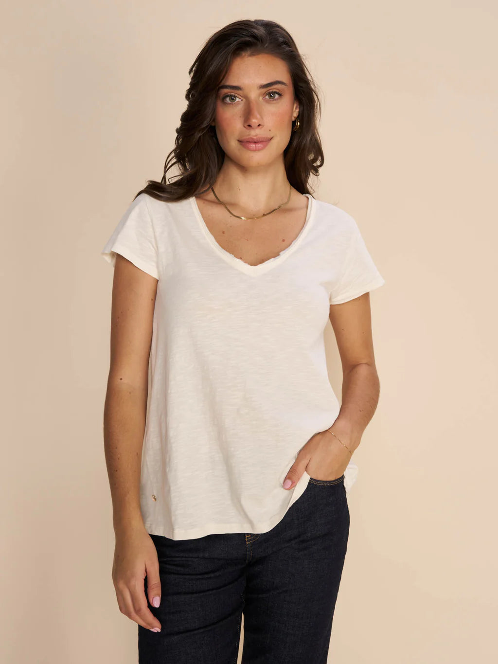 Year-End Clearance Mos Mosh Ecru Tulli V Neck Basic SS