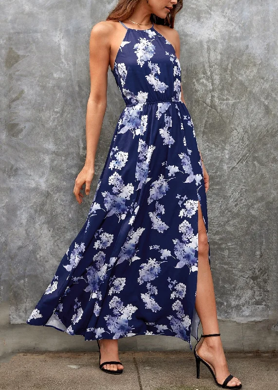 Bargain Prices New Navy Side Open Print Cotton Maxi Dresses Summer