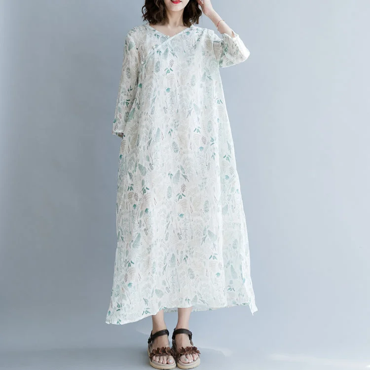 floral wrap dressNew print linen dresses oversized traveling dress casual Three Quarter sleeve v neck baggy dresses