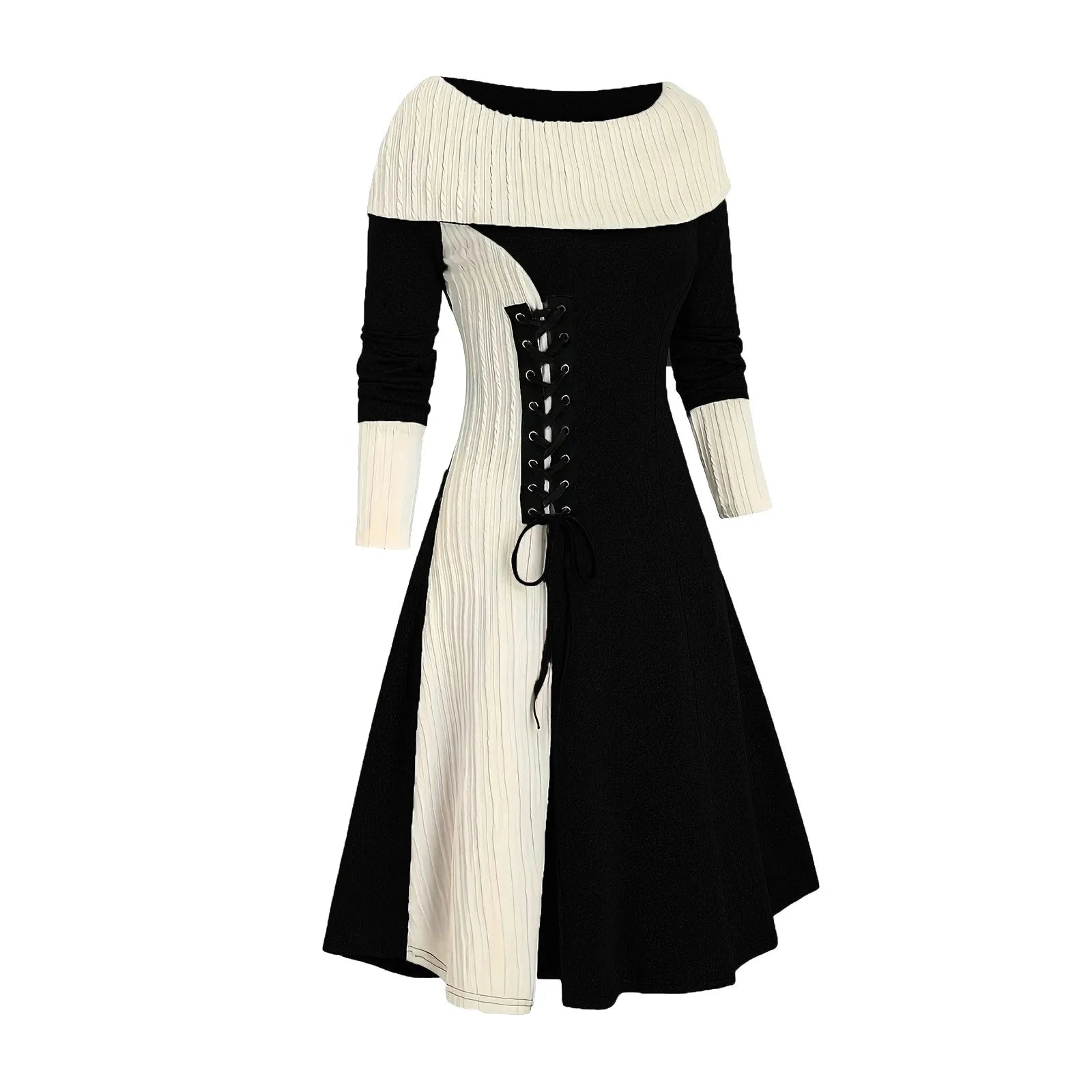 Special Price JuliaFashion - Autumn New Longline Patchwork Cable Knit Panel Full Sleeve Knit For Winter Button Cowl Neck A Line Knitted Female Robe Dress