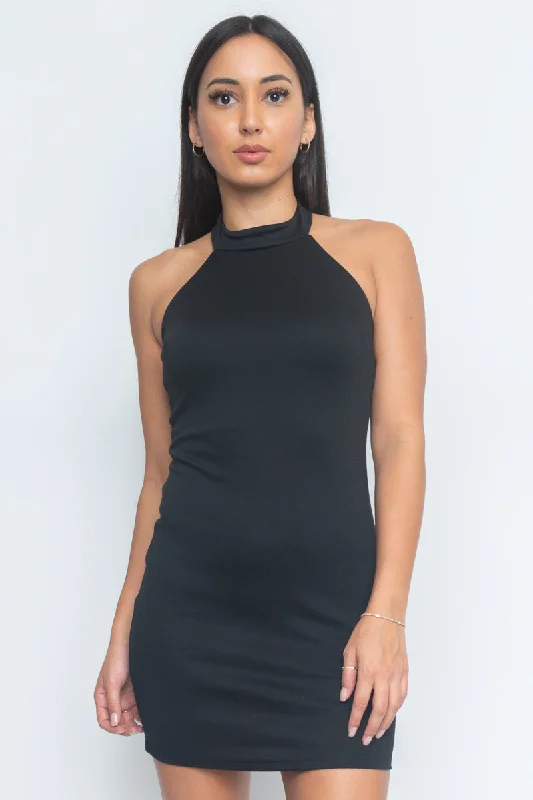 Online Only Sleeveless Halter Mini Dress In Black* (DBSU-ND18)