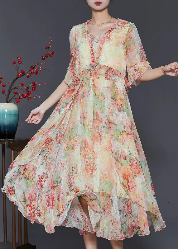 Major Savings Yellow Print Chiffon Cinched Dress Ruffled Summer