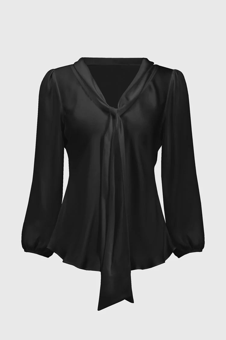 playful dressJoseph Ribkoff Black Satin Top with Bow Tie Neckline