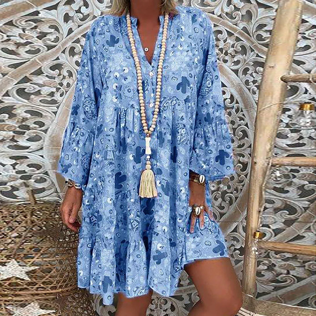 Shop and Save JuliaFashion - Casual Boho Women Loose Vintage Floral Print T Shirt Elegant Ladies Retro V-Collar Long Sleeve Party Mini Dress