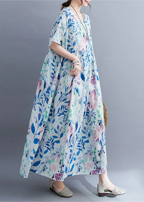 long-sleeve floral dressCasual Light Blue Patchwork Print Long Dress Summer