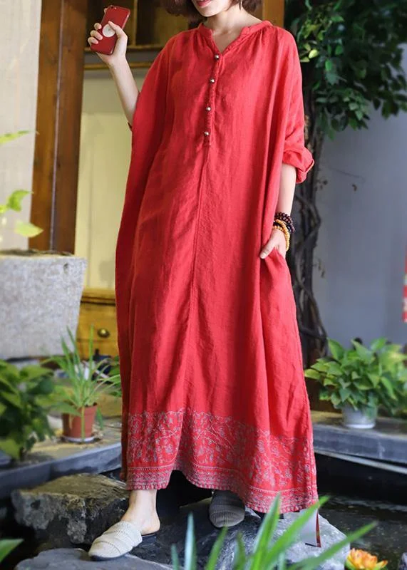 flowy dressStyle pockets baggy linen dresses Catwalk red embroidery Dress v neck