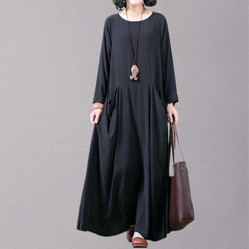 chic shift dressNew black fall dress plus size O neck pockets traveling clothing boutique long sleeve autumn dress